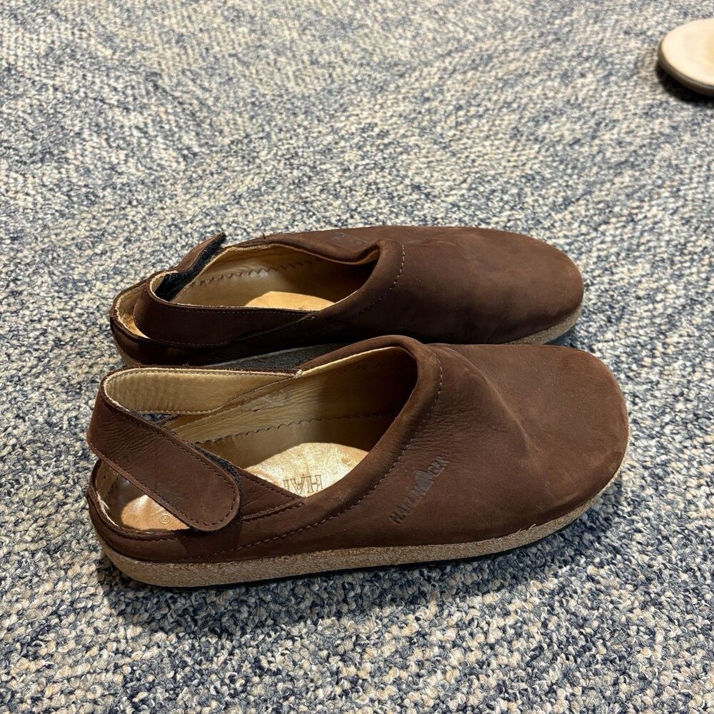 Haflinger Brown Leather Clogs Womens Sz 39 / 8 Cork Sole BackStrap Shoes Comfort